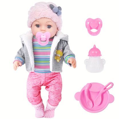 Winter Outfit Baby Doll Set 12 Inch Plush Coat Movable Limbs Clothes Socks Pacifier Bottle Utensils Nurturing Play Gift for Girls Kids Ages