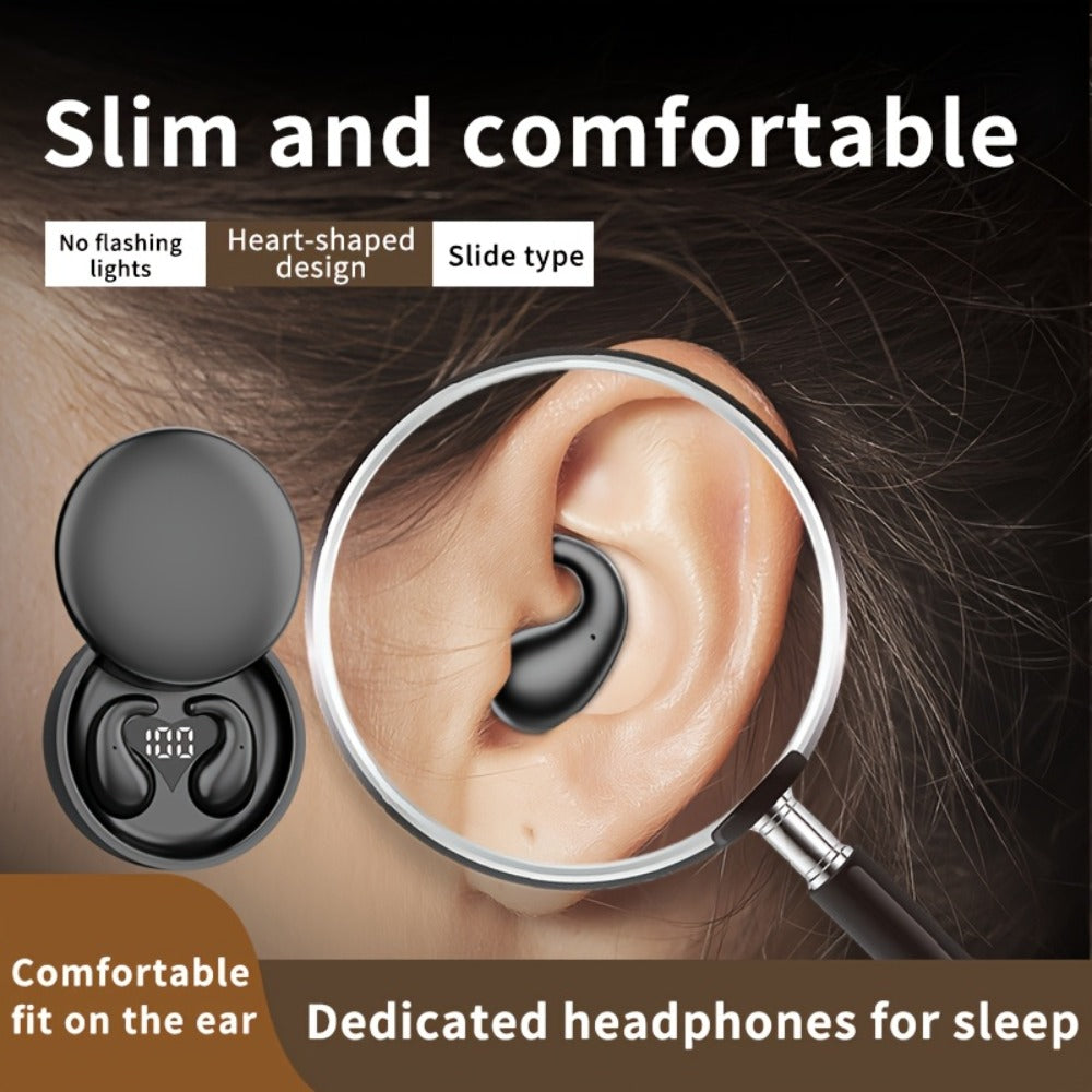 Heart-Shaped Bluetooth 5.4 Sleep Earbuds with Digital Charging Case in Black, White or Khaki