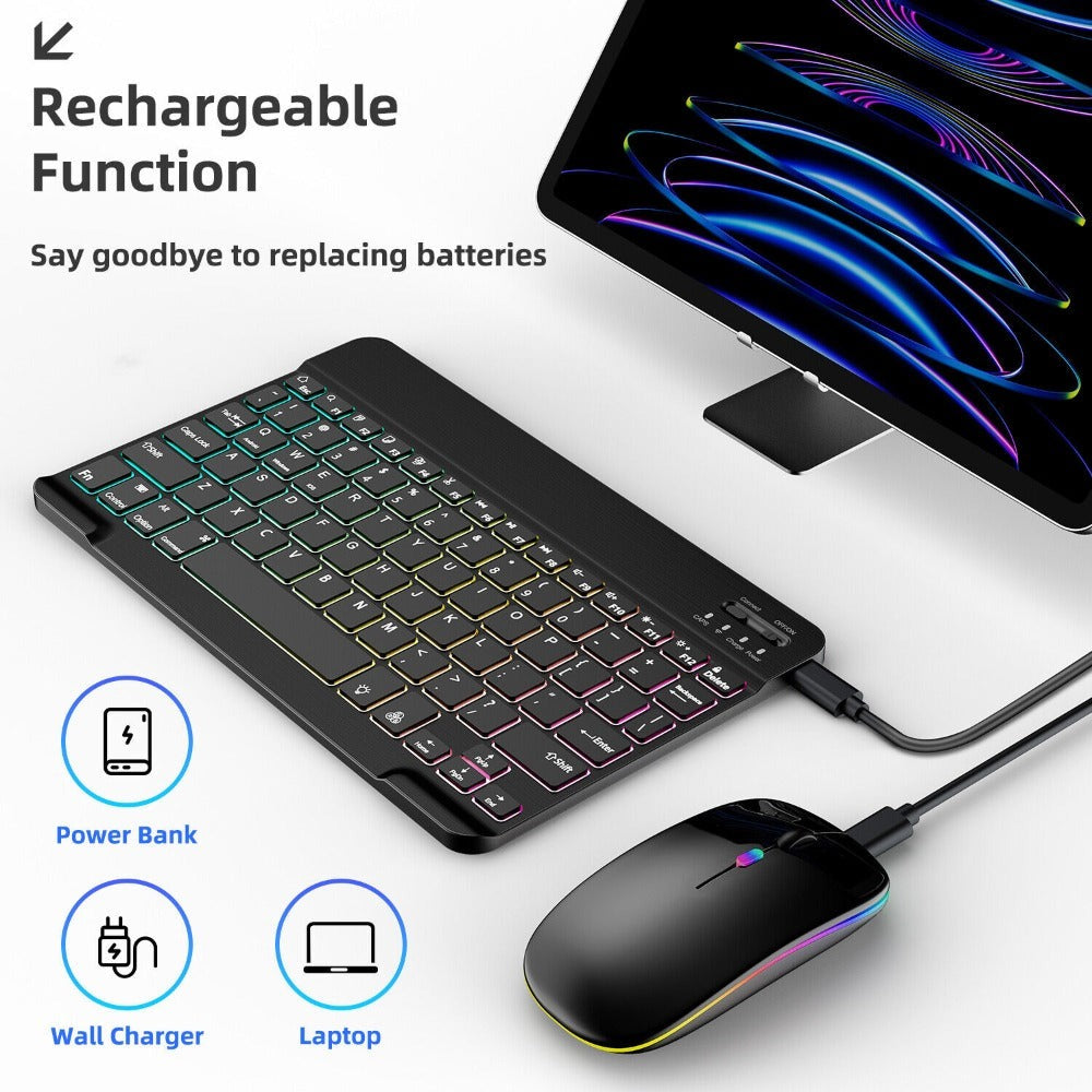 Wireless RGB Backlit Gaming Keyboard and Mouse Combo with Mouse Pad, 10-Inch Portable Keyboard Mouse Set for PC iOS Android Tablets