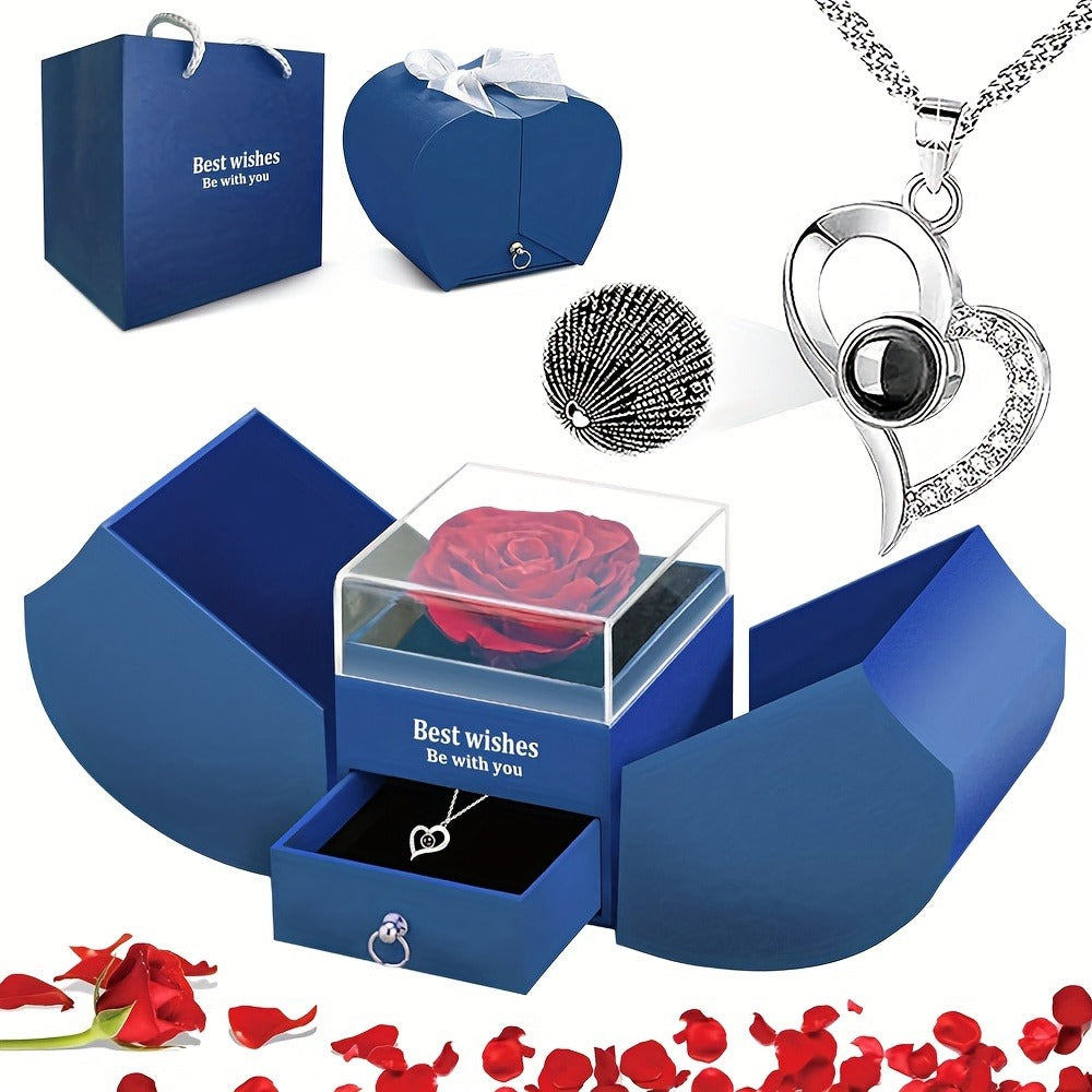 Preserved Real Rose Gift Box with I Love You in 100 Languages Necklace, Romantic Gifts for Girlfriend Wife Mom