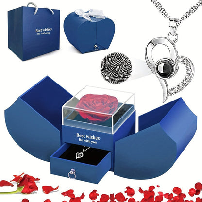 Preserved Real Rose Gift Box with I Love You in 100 Languages Necklace, Romantic Gifts for Girlfriend Wife Mom