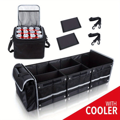 Collapsible Car Trunk Organizer with Three Compartments, Removable Dividers, Lid and Tie-Down Straps