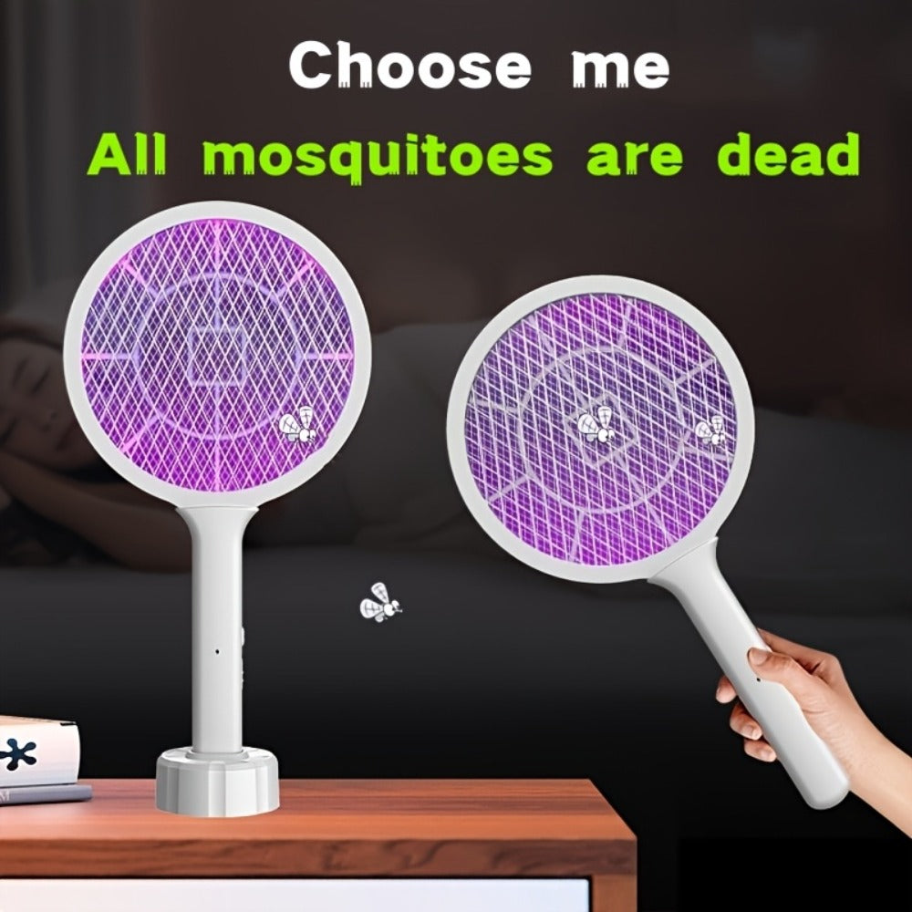 Electric Mosquito Swatter Racket Bug Zapper with LED Night Light & USB Charging, Handheld Insect with Base Stand