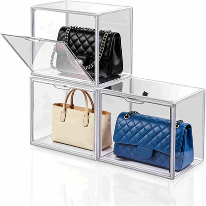 Clear Purse Organizer for Closet – Transparent Acrylic Handbag Display Case with Magnetic Door, Dustproof Stackable Storage Box for Purses