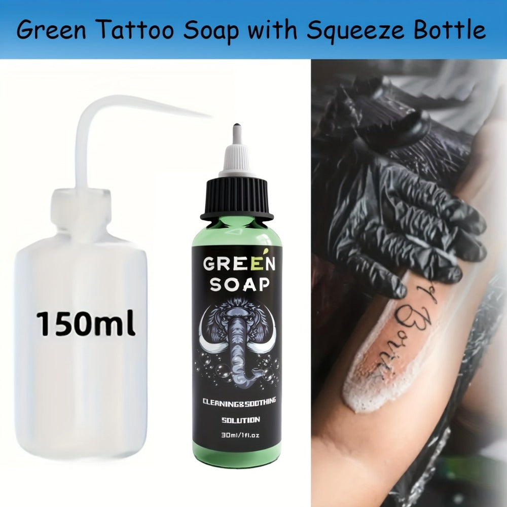 Tattoo Green Soap Cleansing Solution Kit – Professional Tattoo Wash Soap with Squeeze Bottle, Safe Moisturizing Foam for Tattoo Artists Skin