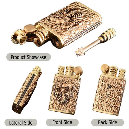 Kerosene Lighter 2-in-1 Permanent Match Flint Wheel Refillable, Golden Windproof Pocket Lighter with Built-In Match Strike