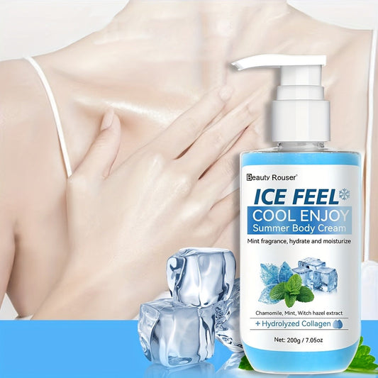 Body Cream Beauty Rouser ICE FEEL 200g Pump with Mint Chamomile Witch Hazel and Collagen Package Callouts