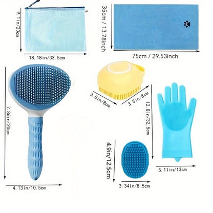 Dog Grooming Kit Set 6pcs – Pet Brush, Microfiber Towel, Washing Gloves & Shedding Tool, No Power Required