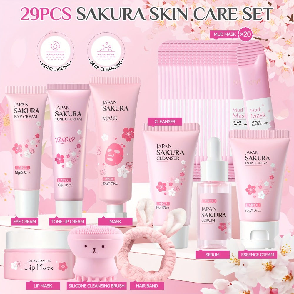 Sakura Skincare Gift Set with Mini and Full Routine Options, Pink Packaged Facial-Care Items and Accessories