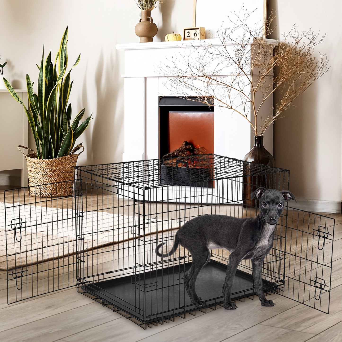 Folding Wire Dog Crate with Divider – Single & Double Door Options, Leak-Proof Plastic Tray, Indoor Outdoor Travel Kennel