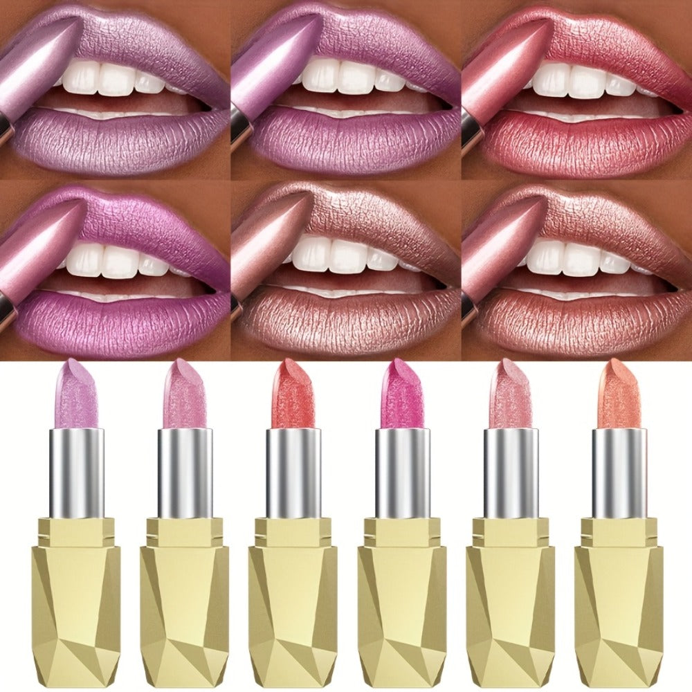 Shimmer Lipstick Set 6 Piece Waterproof Long Lasting Glossy Lip Color Coral Pink Red Purple Shades Makeup Kit for Women Travel Party Daily
