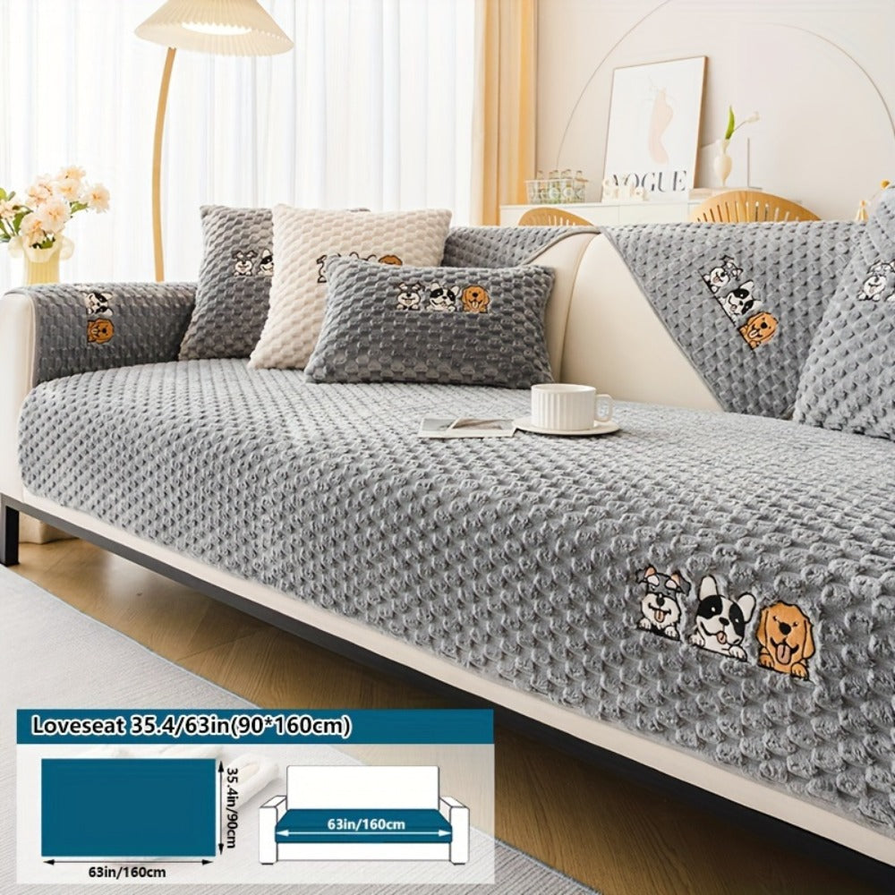 Sofa Cover, Honeycomb Velvet Animal-Embroidered Couch Pad with Backing Detail in Three Colors
