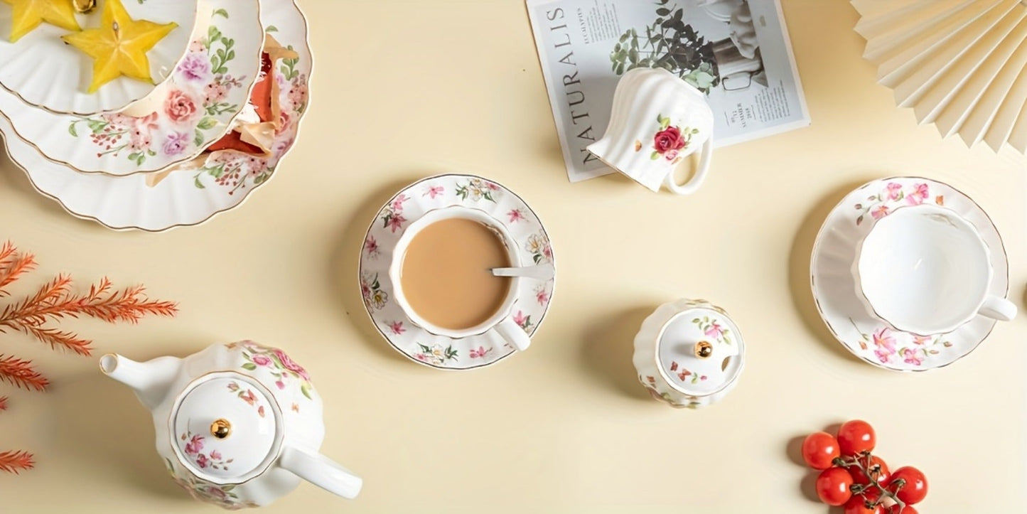 Porcelain Tea Set Service for 6 British Royal Floral Design with Teapot Sugar Bowl Cream Pitcher Teaspoons Tea Strainer 8oz Cups Saucers