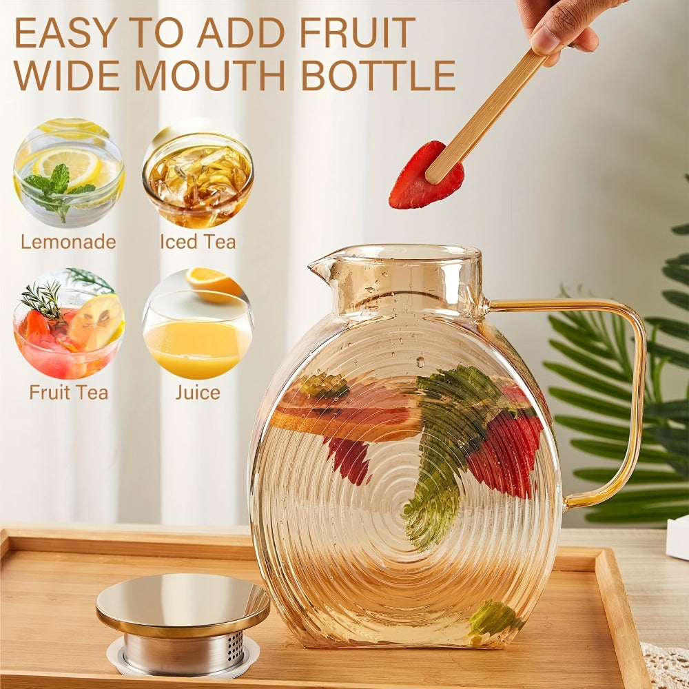 Round 84-Ounce Glass Pitcher with Concentric Texture, Side Handle and Golden or Gray Accent Lid