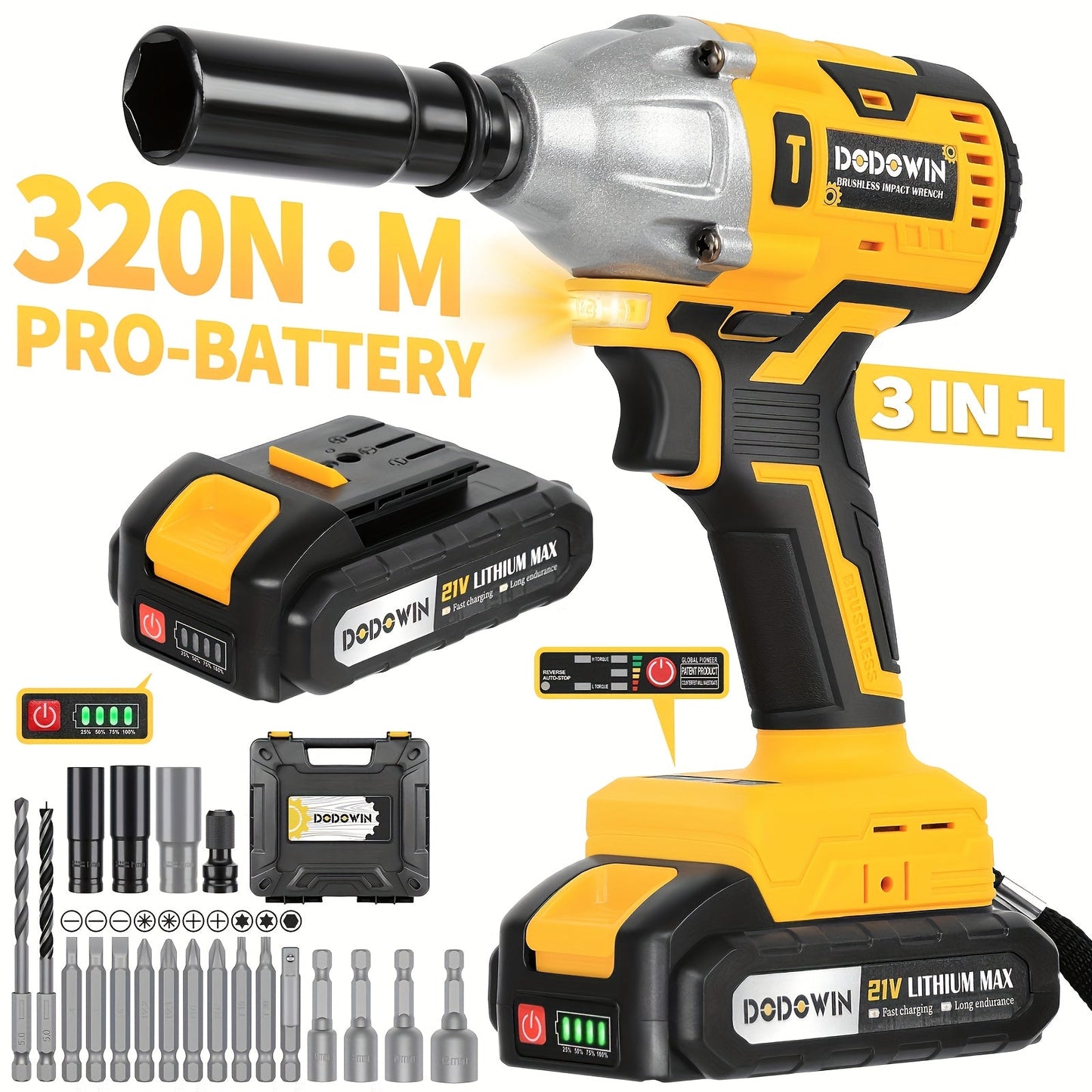 High Torque Impact Wrench Kit 320NM / 1000NM Brushless Cordless, 21V with 2.0AH / 4.0AH Batteries
