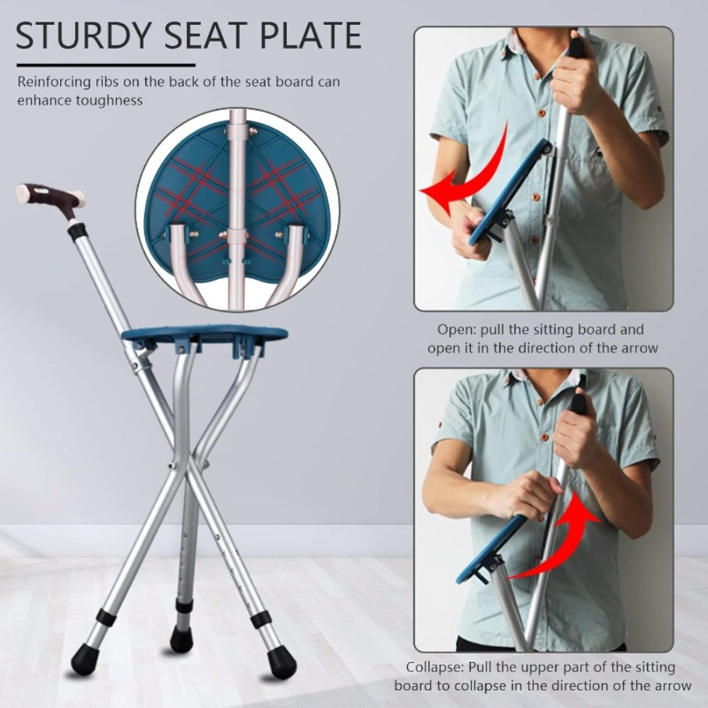 Folding Cane with Seat, LED Light Telescopic Walking Stick with Height Adjustment & Frosted Handle