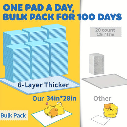 6-Layer Puppy Pads 100 Count – Super Absorbent Leak-Proof Odor Control Dog Pee Pads for Potty Training, Large & XL Size 34"x28" and 22"x22"