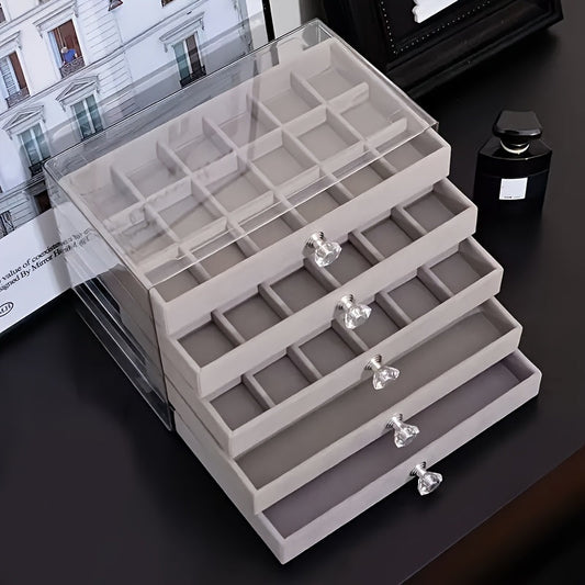 Jewelry Organizer 5-Tier 56-Grid Drawer Box in Gray or Beige for Rings, Earrings, Brooches and Hair Clips