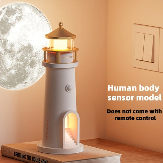 Moon Lighthouse Projector Night Light, Motion Sensor LED Lamp with USB Charging, Always-On Mode, Moonlight Ocean Projection