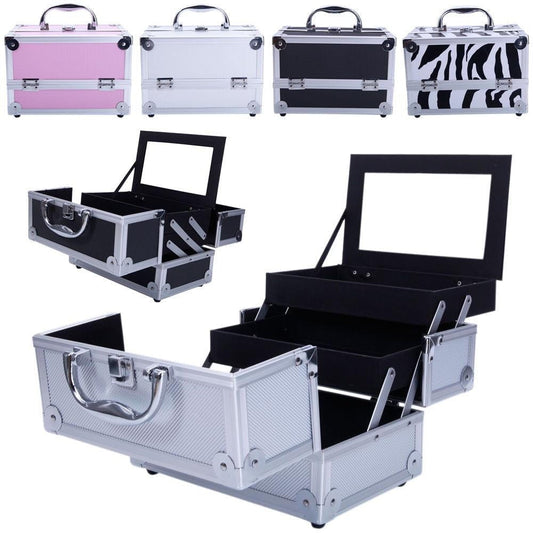 Tabletop Makeup Carry Case with Mirror, Fold-Out Trays and Dividers in Black, Silver or Pink