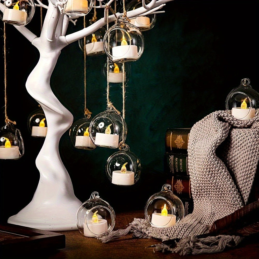 Hanging Glass Ball Candle Holders Set for Wedding Party Christmas Tree Decoration - Clear Glass Tea Light Holders with Hanging Design