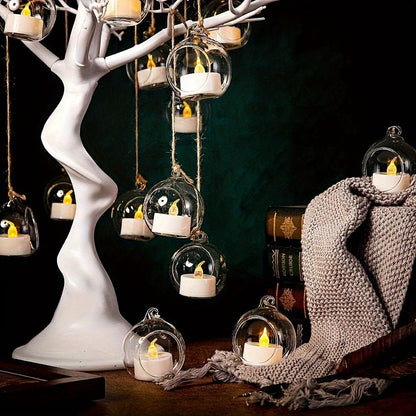 Hanging Glass Ball Candle Holders Set for Wedding Party Christmas Tree Decoration - Clear Glass Tea Light Holders with Hanging Design