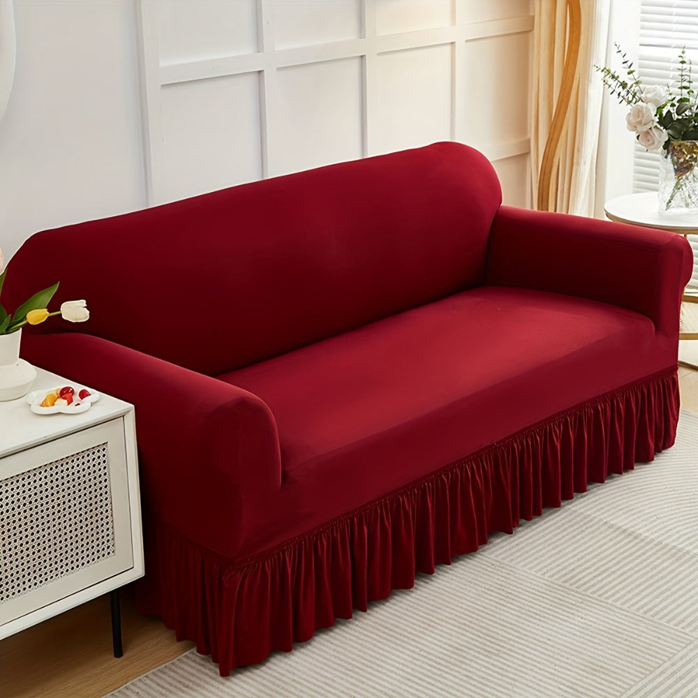 Sofa Cover Textured Skirted Full-Cover Slipcover with Elastic Stretch and Backing Detail for 3 or 4 Seats