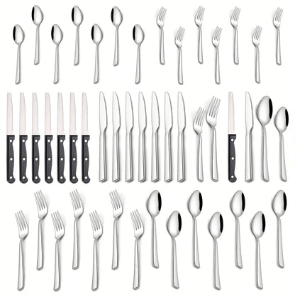 24- or 48-Piece Flatware Set with Silver, Gold or Black Finish Options and Black-Handle Steak Knives