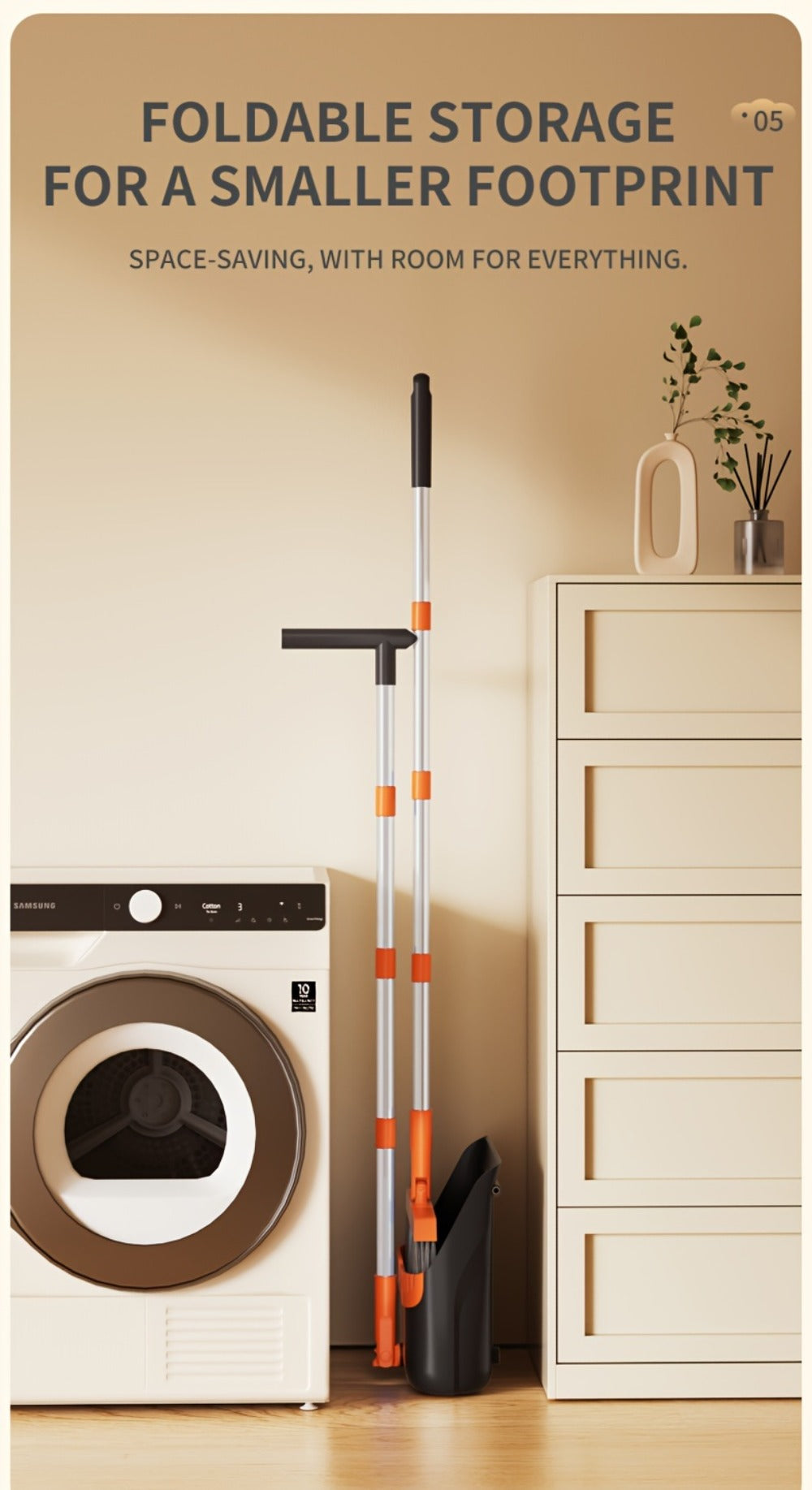 Folding Broom and Dustpan Set with Sectioned Handle, Rotating Head and Nine Blue, Orange or Khaki Checkout Options