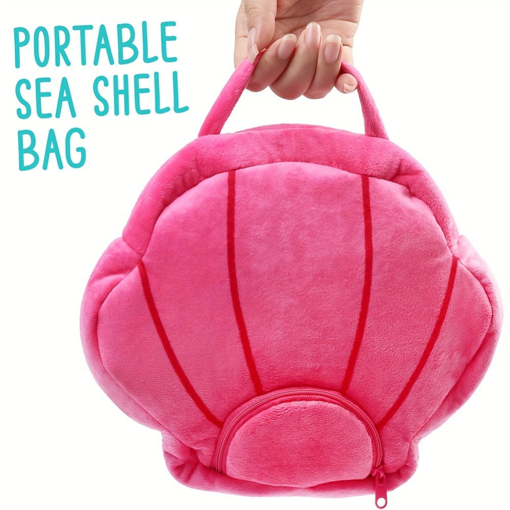 Plush Toy Five-Piece Ocean Creature Set with Mermaid, Sea Animals and Pink Shell Carry Bag
