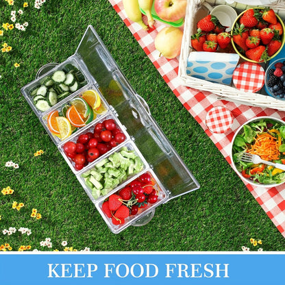 Condiment Caddy with Lid 5 Compartments Clear Serving Tray Bar Fruit Caddy Ice Tray Party Toppings Container Garnish Station