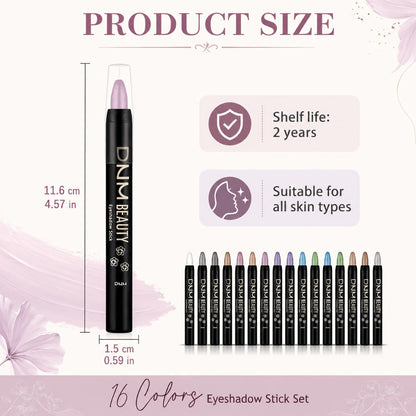 Highly Pigmented Eyeshadow Stick Set 16 Colors Waterproof Matte & Shimmer Eye Makeup Pencil Kit