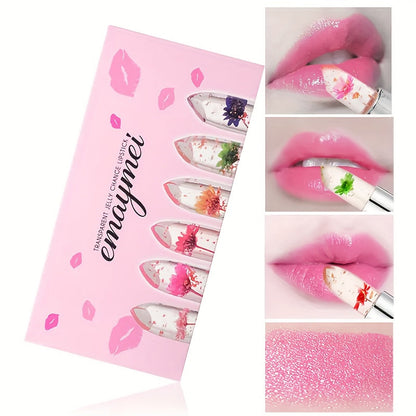 Lipstick Set, emaymei 6-Piece Transparent Flower-Core Jelly Collection in Ornate Pink Cases