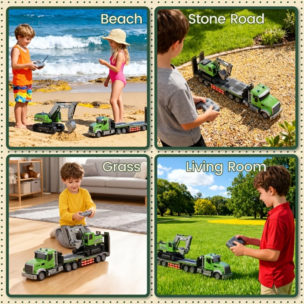 RC Semi Truck with Flatbed Trailer & Alloy Excavator Set 1:12 Scale, 11-Channel Dual Control, Sound & Lights