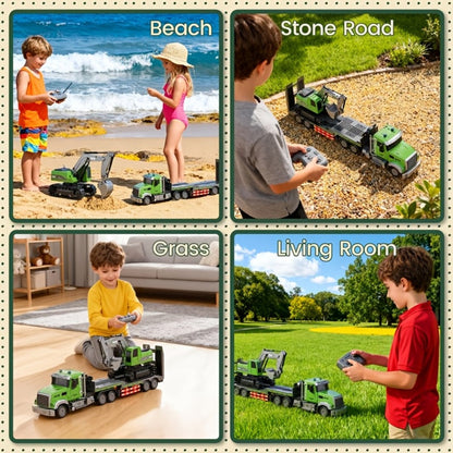 RC Semi Truck with Flatbed Trailer & Alloy Excavator Set 1:12 Scale, 11-Channel Dual Control, Sound & Lights
