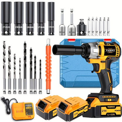 Cordless Impact Wrench 21V Brushless Electric Drill Set with 4000mAh Battery, Toolbox & Full Accessories