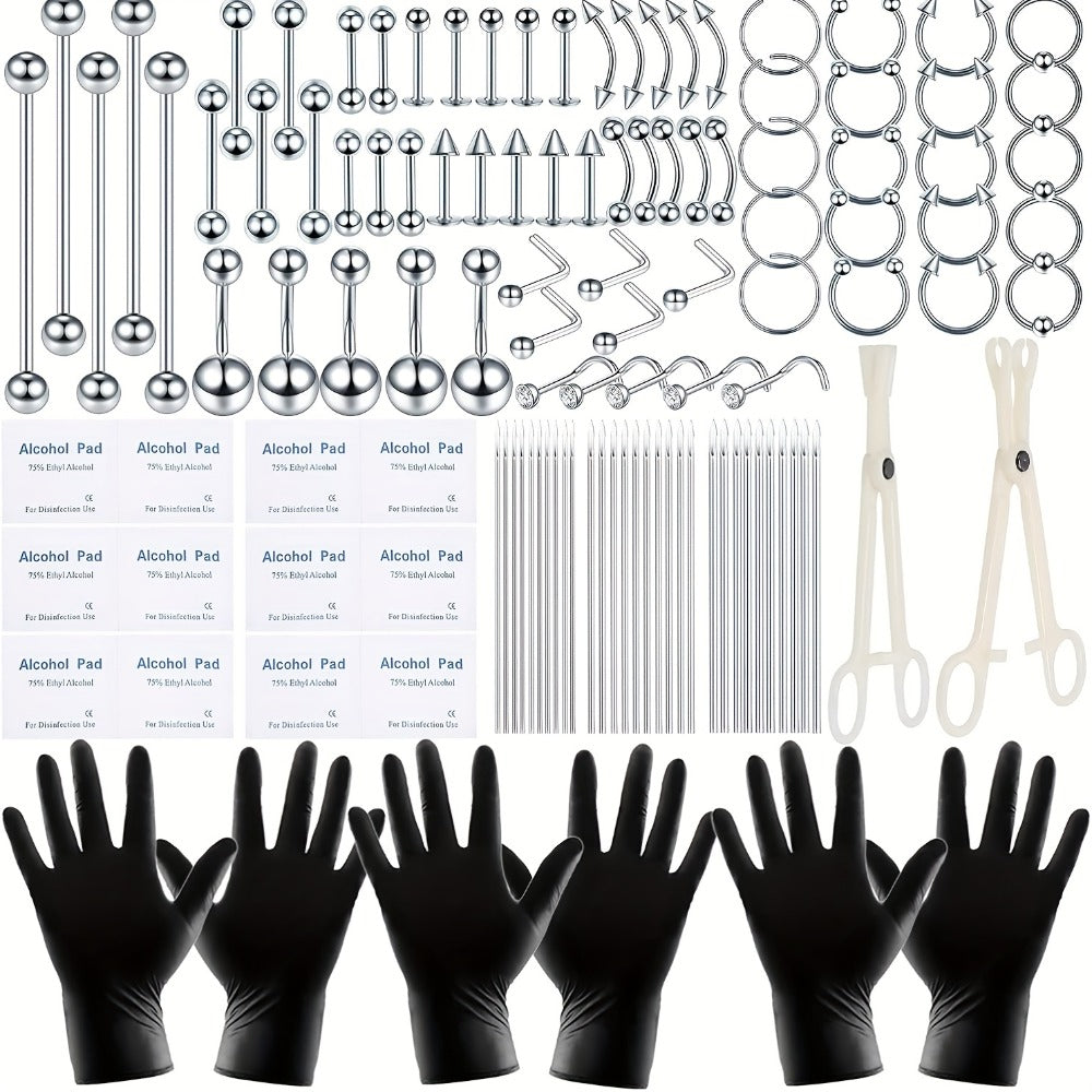Professional Piercing Kit 120pcs, Complete Body Piercing Set with Stainless Steel Needles, Clamps