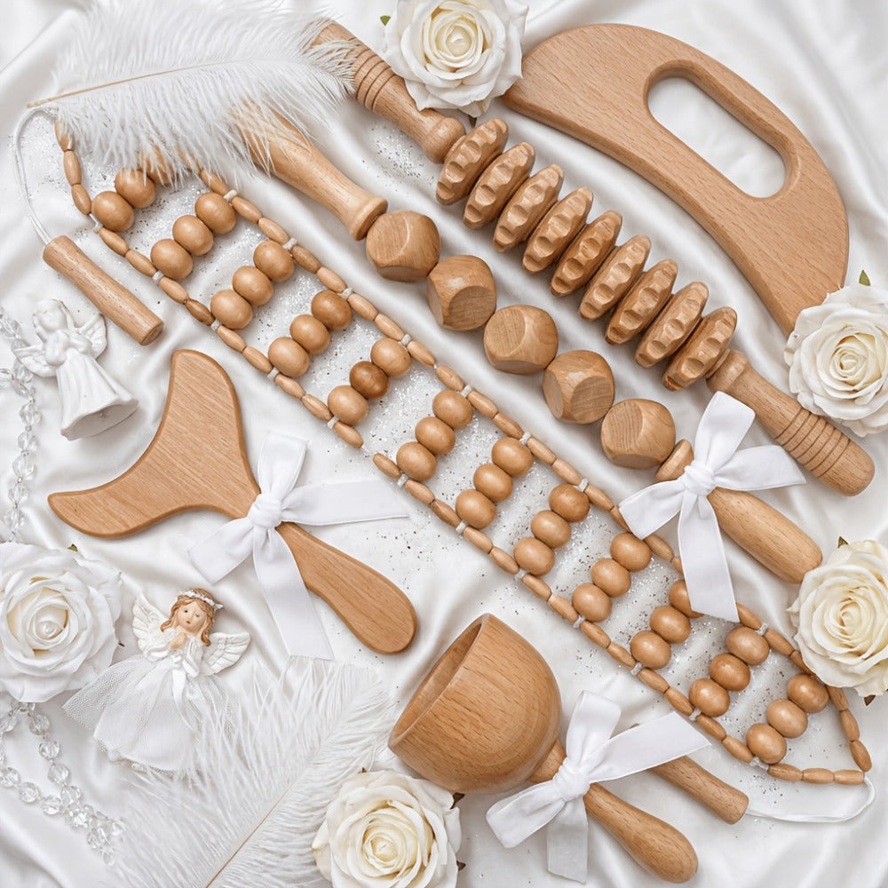 Wooden Massage Tool Set 6pcs Manual Facial Massager Kit with Wood Rollers Pointed Bead Textured Heads for Face Neck Full Body Relaxation