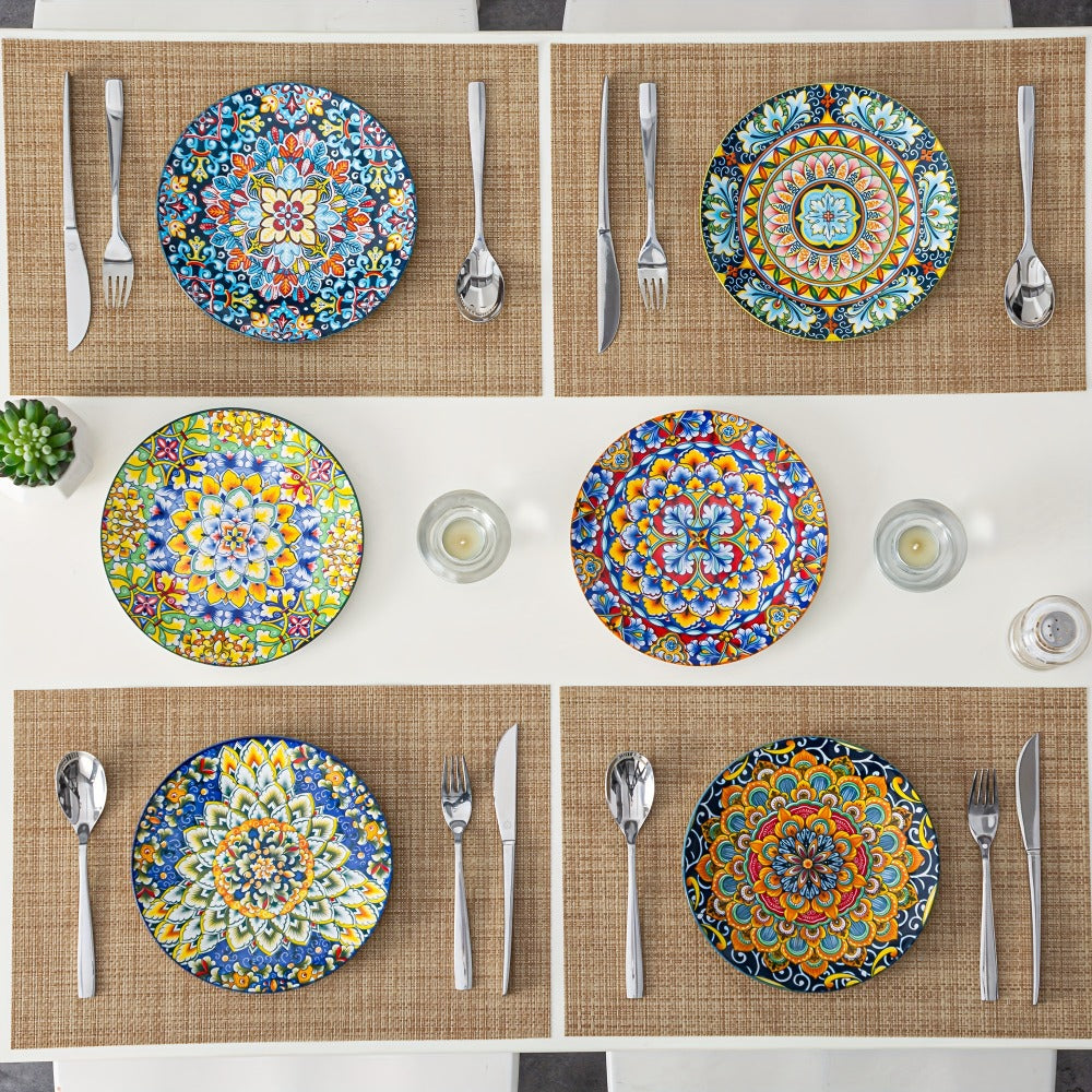 Bohemian Ceramic Dessert Plate Set of 6 – 8.5 Inch Colorful Abstract Pattern Dinnerware, Glazed Porcelain Plates