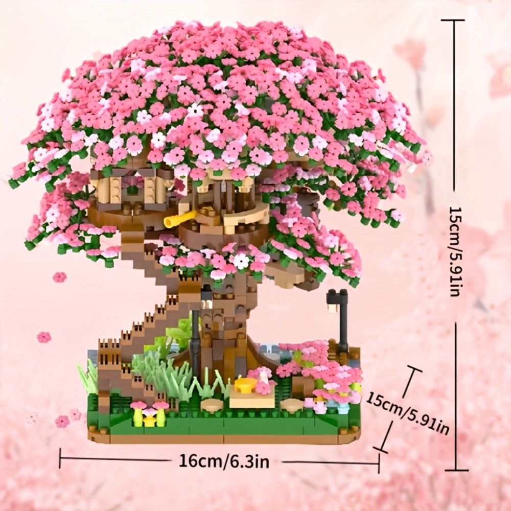 Building Block Set Cherry Blossom Tree House, 1020 or 2028 Micro Pieces with Pink Canopy and Base Display