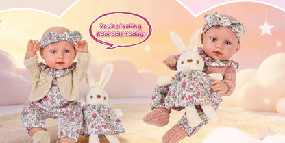 Floral Dress Baby Doll 12 Inch with Rabbit Plush Toy Gift Set, Realistic Vinyl Doll with Floral Outfit
