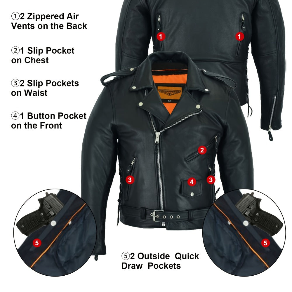 Motorcycle Leather Jacket Men – Heavy Duty Cowhide, Classic Black, Multiple Pockets, Adjustable Laces, Sizes S–XXXXL