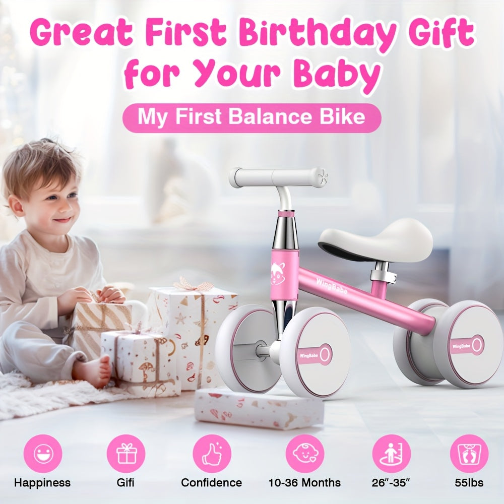 4 Wheel Balance Bike for Baby Toddlers 10-36 Months, First Bike with Adjustable Seat, 90° Steering Limit & Silent Anti-Slip Tires