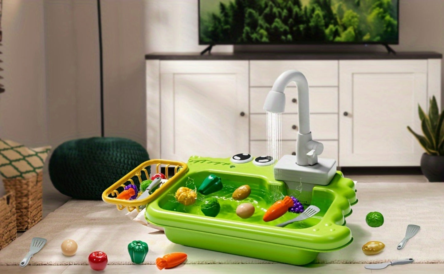 Kids Play Sink Toy with Running Water, Water Cycle System Pretend Play Dishwasher Kitchen Sink for Toddlers Boys & Girls