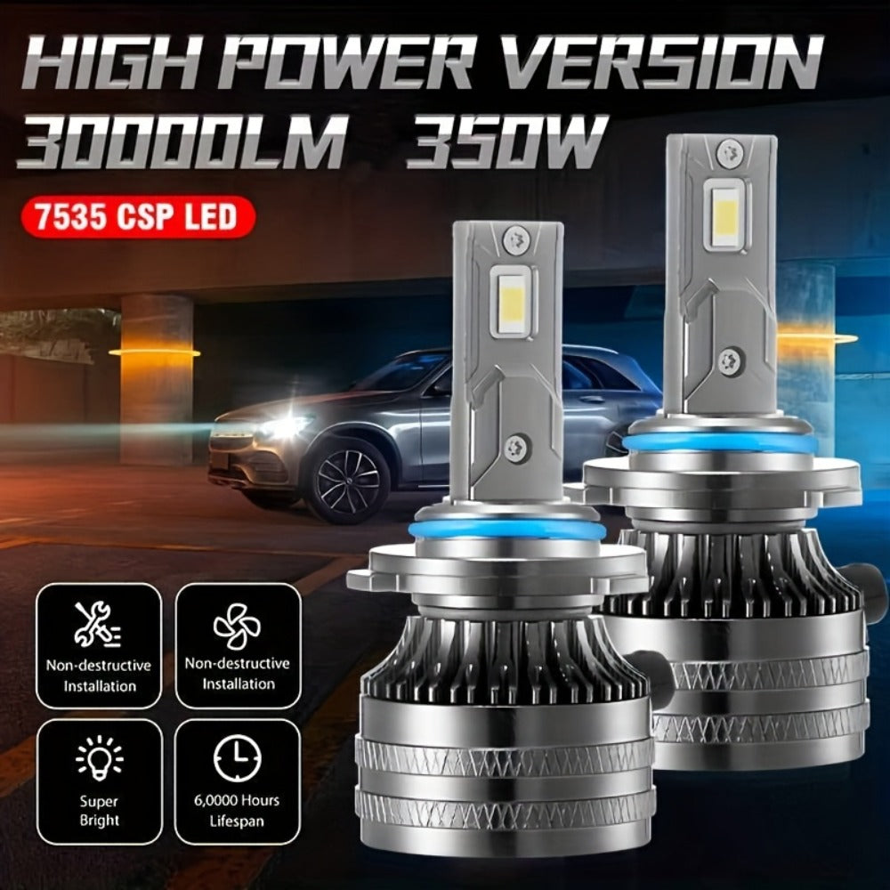 LED Headlight Bulbs 30000 Lumens 350W – H4 H11 9005/HB3 9006/HB4 9012/HIR2 | 6500K White 12V | 2-Pack Upgrade for Brighter Nighttime Driving
