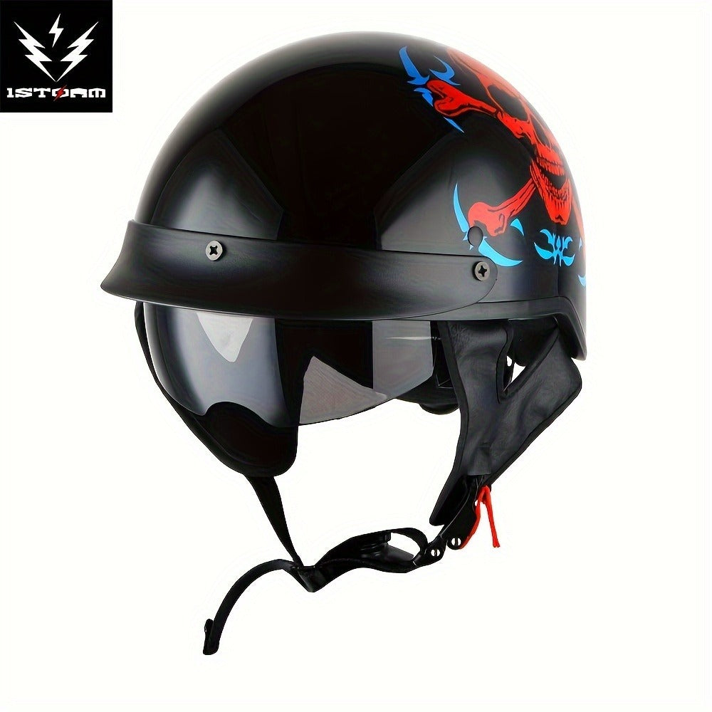 Motorcycle Helmet 1STORM Half-Shell with Retractable Smoked Visor, Five Graphic Styles, S-XL Sizes and Quick-Release Strap