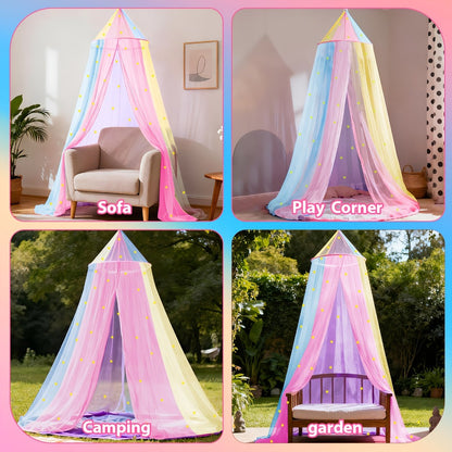 Bed Canopy for Girls Princess Rainbow Glow in the Dark Stars Colorful Canopy Curtain Fits for Entryways, Bedrooms and Living Spaces