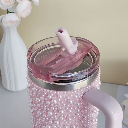 Insulated Tumbler 40oz Pearl Rhinestone Stainless Steel with Handle and Straw in White or Pink
