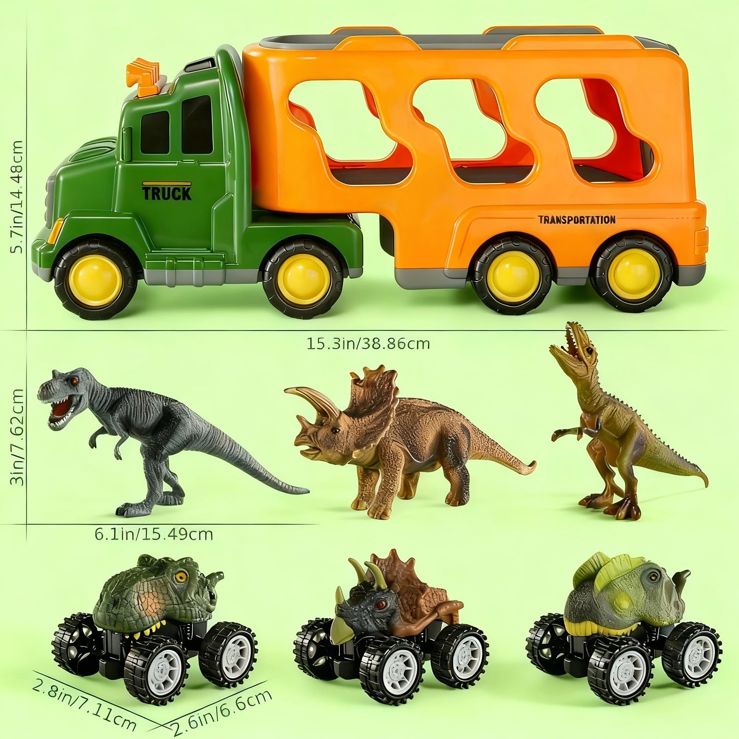 Push-Action Dinosaur Truck Toy 7-in-1 for Kids Ages 3-5 with 3 Dino Figures with the Listed Color, Size or Set Options for Everyday Use