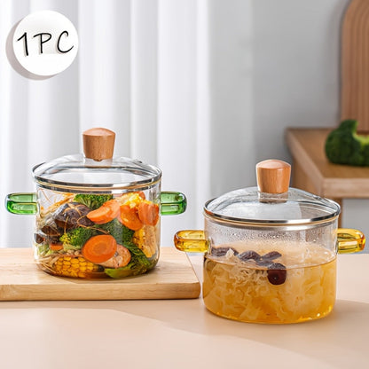 1.6L Transparent Glass Cooking Pot with Lid and Green or Yellow Side Handles for Soup, Noodles and Milk
